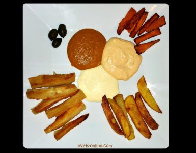 Kartoffeln, Maniok und Süßkartoffeln mit drei Soßen